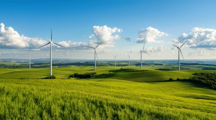 Rolling green fields dotted with tall wind turbines under a bright blue sky