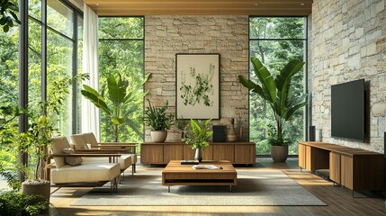 An elegant modern living room with natural light and plants