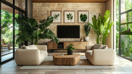 A modern living room features greenery and comfortable furniture arrangements