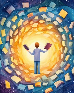 Time blocking techniques for lifelong learning. Man Surrounded by Books in a Cosmic Vortex Watercolor Painting
