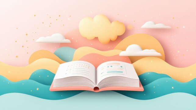 Time blocking techniques for lifelong learning. Open Book in Pastel Sky with Clouds and Waves Paper Art Illustration
