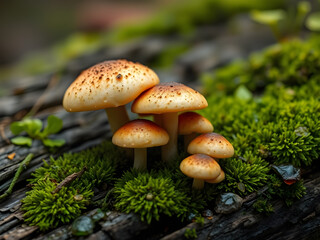 Fototapeta premium Close-up of a cluster of tan mushrooms with white spots growing in a mossy, woodland environment.