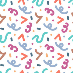 Seamless pattern with simple colored linear doodles. Children's background.