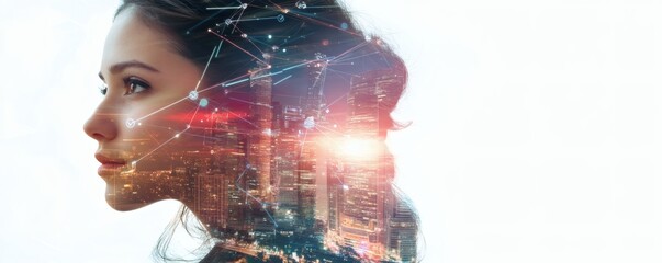 A woman profile with cityscape and networking overlay concept