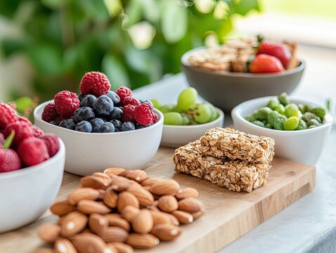 Creative snack bar setup featuring organic nuts and fruits home kitchen food display natural environment close-up healthy living