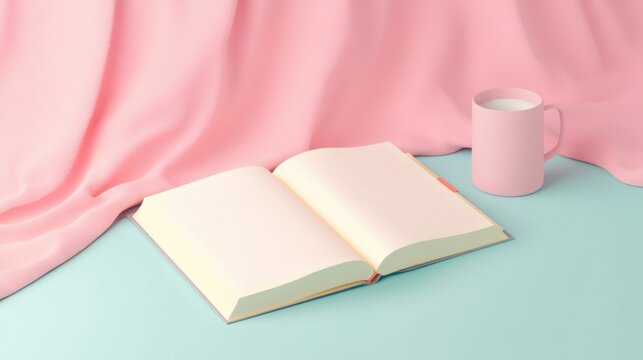 Time blocking techniques for lifelong learning. Open Book with Blank Pages and Pink Mug on Pastel Background
