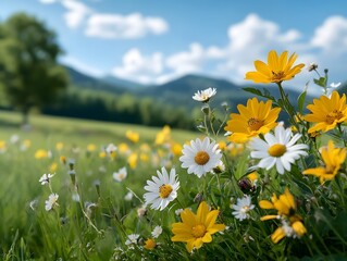 A lush verdant meadow teeming with a vibrant assortment of wildflowers including sunflowers daisies and other blossoms set against a tranquil blue sky with wispy clouds