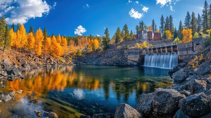 Fototapeta premium Autumnal dam, clear water, fall foliage, mountain setting, nature landscape