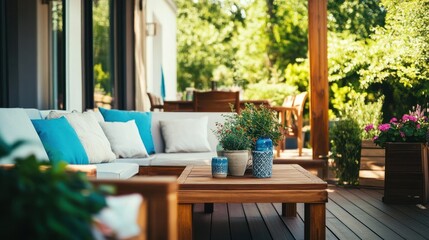 A beautiful outdoor patio decorated with plants and comfortable seating