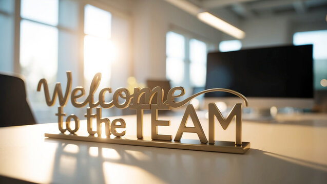 a stylish, metallic welcome new members sign that reads Welcome to the team on office desk. The background is blurred office.