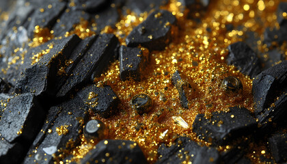 &ldquo;Texture of the rare mineral rutile in crystalline form, with bright gold and black veins against a marbled surface.&rdquo;