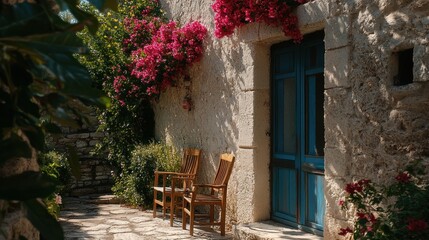 Two wooden chairs sit outside a rustic building entrance with flowers