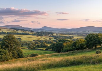 Obraz premium Serene Landscape at Dusk with Rolling Hills, Lush Greenery, and Soft Clouds in the Sky Captured in a Picturesque Rural Setting