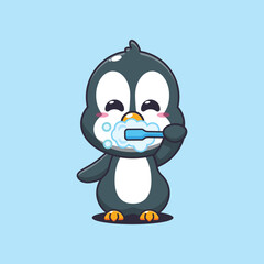 Penguin cartoon vector illustration brushing teeth