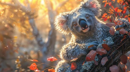 Obraz premium Vivid Summer Scene of a Koala Resting in a Mystical Green Realm