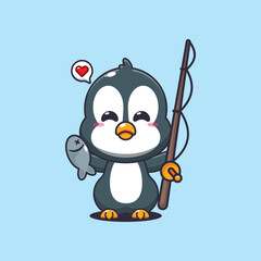 Penguin cartoon vector illustration catching fish with fishing rod