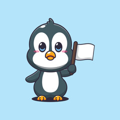 Penguin cartoon vector illustration with white flag