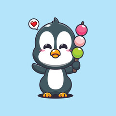 Penguin cartoon vector illustration eating dango