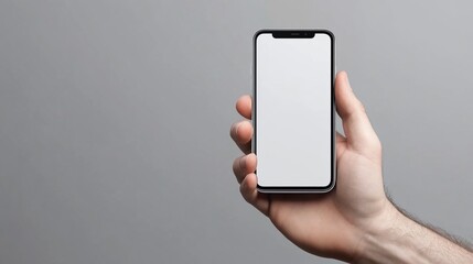 Hand holding a smartphone with a blank screen, copy space on grey