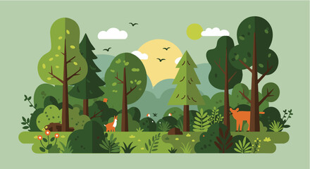 Peaceful Green Forest Landscape with Trees and Mountains
