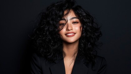 Fototapeta premium Close-up portrait of a smiling woman with voluminous curly hair, wearing a black blazer against a dark background