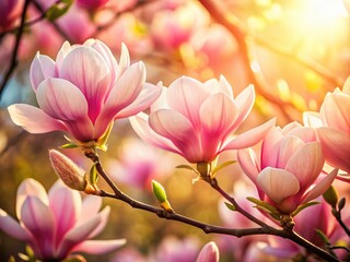 Obraz premium Soft Pink Magnolia Blossoms in Sunlight - Spring Floral Stock Photo