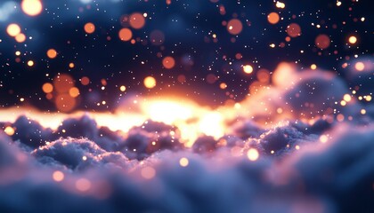 Magical sunset over a fluffy cloud landscape with warm glowing particles