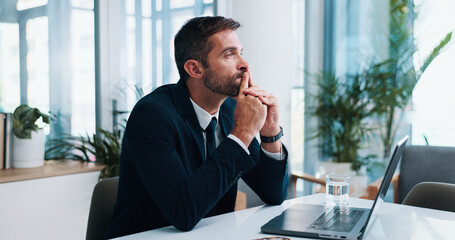 Business, thinking and man with stress, laptop and internet with contemplation, decision and ideas....