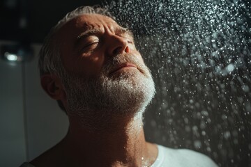 Senior Man Showering Relaxed Peaceful Water Drops Grey Hair Beard Spa Male Calm Care Clean Fresh    