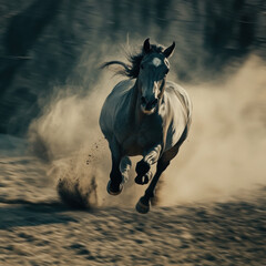 Obraz premium Elegant gray horse sprinting in slow-motion, dust flying, cinematic masterpiece, UHD 8K 