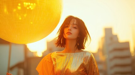 A woman stands against a sunset backdrop, holding a large yellow balloon and wearing a shimmering outfit.