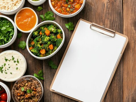 Meal planning calendar on rustic wooden table food preparation kitchen cozy atmosphere top-down view healthy lifestyle