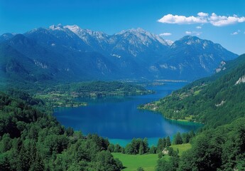 Serene Landscape of Mountains and Lake Under Clear Blue Sky with Lush Green Forest and Rolling Hills in Bright Summer Day