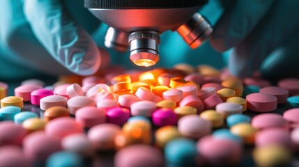 Microscopic examination of colorful pills.  Research, analysis