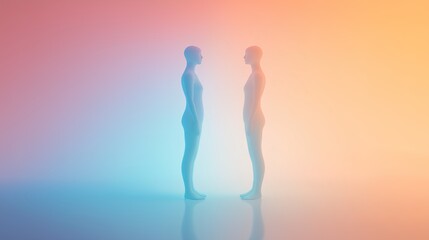 Two abstract human figures connected by a glowing bond, symbolizing unity and connection in a minimalist design
