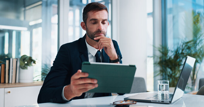 Man, lawyer and tablet with thinking in office for research, decision or review evidence for tax fraud case. Person, attorney and touchscreen with financial crime, info and app at corporate law firm