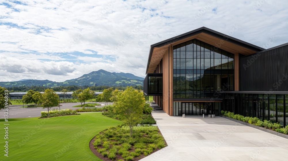 Poster a modern building with large glass windows is set against a backdrop of mountains and greenery, show