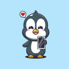 Penguin cartoon vector illustration with mobile phone