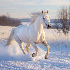 Obraz premium Elegant white stallion running across a snowy field, power and grace, breathtaking winter scene, UHD 8K 