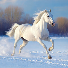 Fototapeta premium Elegant white stallion running across a snowy field, power and grace, breathtaking winter scene, UHD 8K 