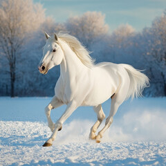Obraz premium Elegant white stallion running across a snowy field, power and grace, breathtaking winter scene, UHD 8K 