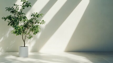 Indoor plant bathed in sunlight, cast shadows against minimalist white wall