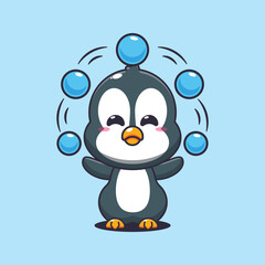 Penguin cartoon vector illustration circus attraction with balls