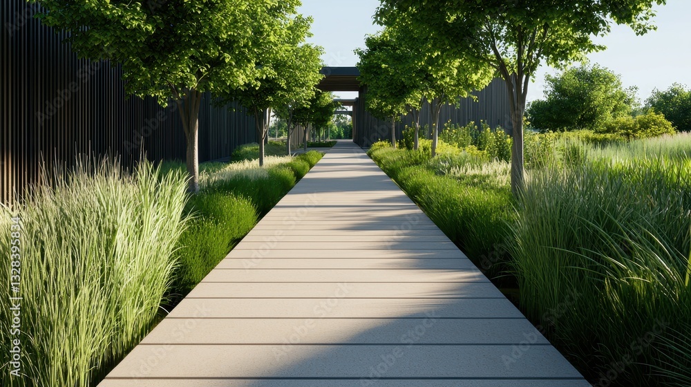 Poster a serene pathway lined with lush greenery and trees, leading towards a shaded structure, showcasing 