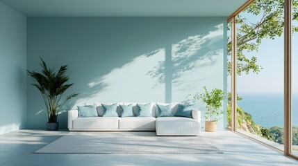 Serene living room with ocean view, featuring a white sectional sofa, light blue walls, and potted plants. Sunlight streams through a large window