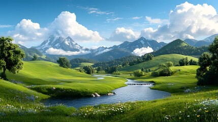 A picturesque alpine landscape featuring a winding stream rolling green meadows and vibrant wildflowers set against the backdrop of majestic snow capped mountains under a dramatic cloudy sky
