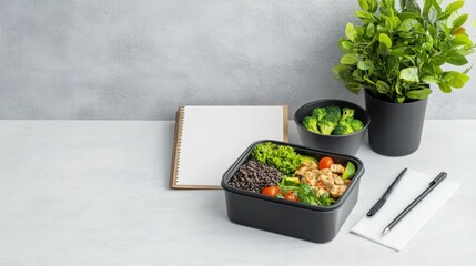 Weekly meal planner prep in modern workspace healthy food arrangement minimalistic environment top view for productivity
