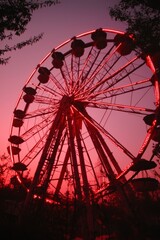 Illuminated Ferris wheel at dusk, casting a warm glow against the twilight sky