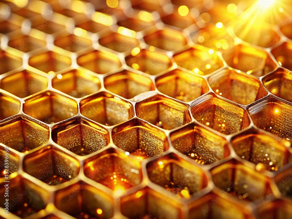 Poster sparkling golden honeycomb texture: abstract hexagonal background