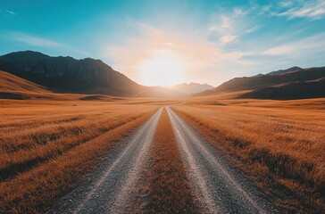 Naklejka premium Serene Landscape with Gravel Road Leading Towards Majestic Sunlit Mountains Under a Clear Blue Sky at Golden Hour
